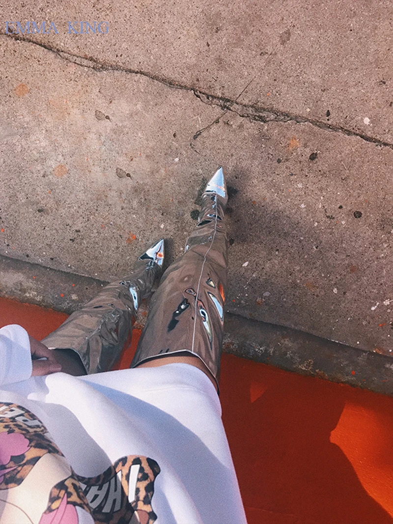De Haute Genou Bottes Pointu or En Sur Femmes Cuir argent Glissière Latérale Noir Botas Aiguilles Le Hauts Mujer Bout Cuisse Talons Mode Miroir 6gvY7fyb