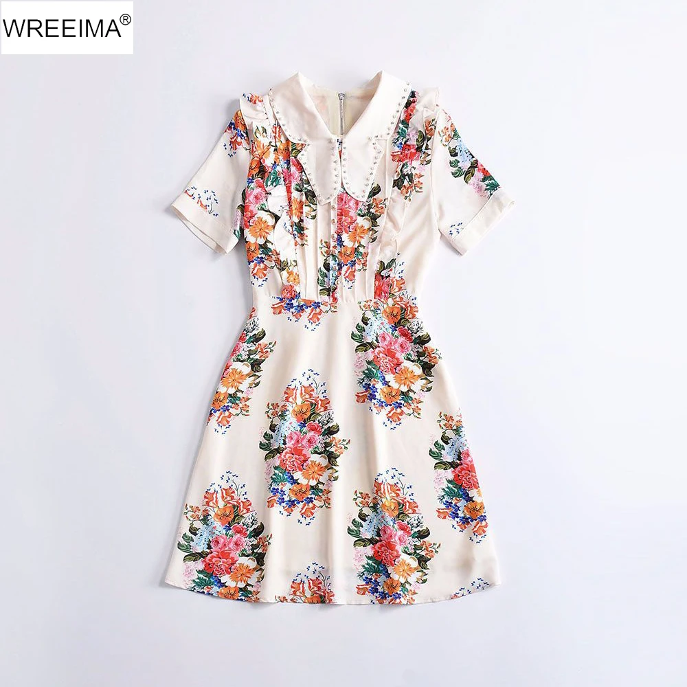 WREEIMA Runway Dress Women New Fashion 2018 High Street Colorful Flowers Printed Beading Ruffle white Mini Slim Summer Dresss | Женская