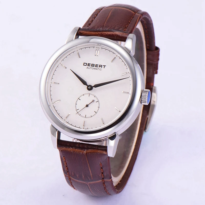 

Debert 40mm Mens Automatic Watch Seagull Movement White Dial Seconds Subdial Watches Brown Leather Strap Clock DT7031BDN