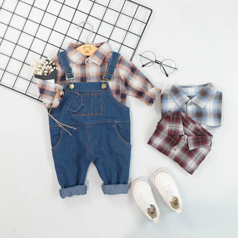 

New Autumn Toddler Infant Clothes Suits Baby Girls Boys Clothing Sets Plaid Shirt Bib Pants Kids Children Costume Kids Suit