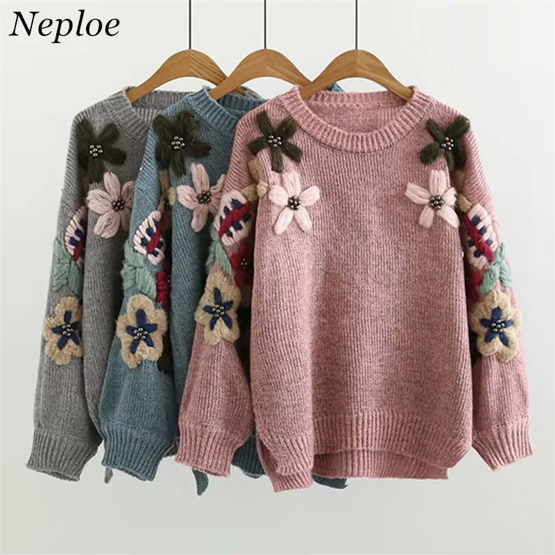 

Neploe Flower Appliques Beading Sweet Girl Sweater Short front O-Neck Women Pullover 2019 Auttum Winter New Sueter Mujer 68896
