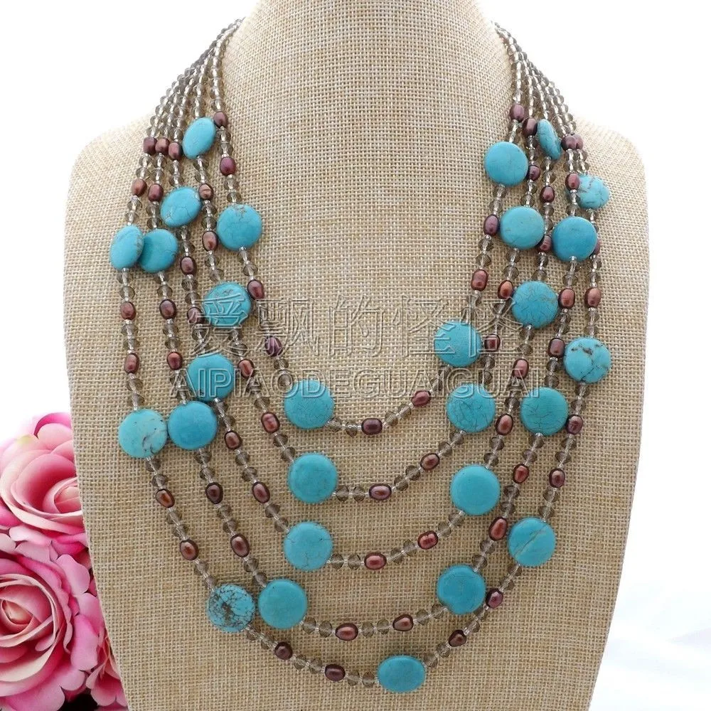 

N071603 20''-28" 5Strands Brown Rice Pearl Blue Gems Crystal Necklace