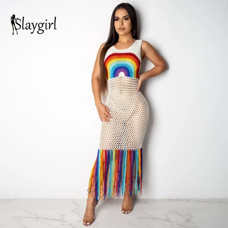 Женское длинное платье с кисточками Slaygirl Пляжное Платье круглым вырезом Клубное