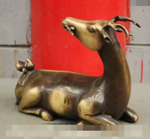 

S1370 11" Marked China FengShui Pure Bronze Longevity Deer Shou Peach Statue Sculpture