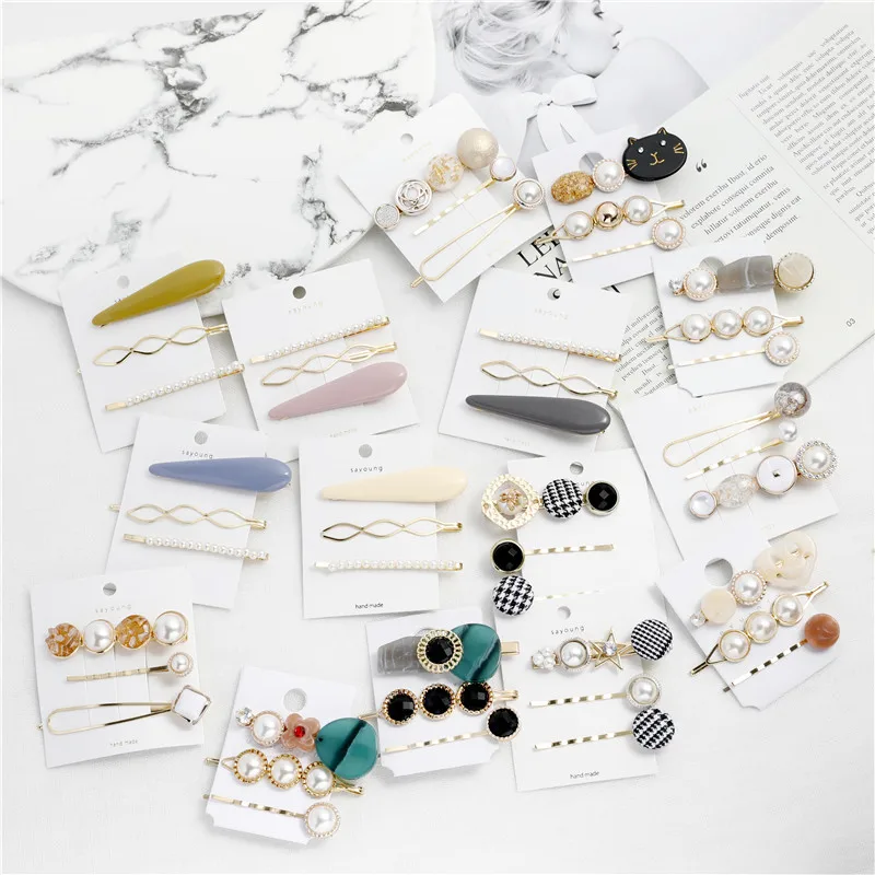

2019 Fashion 3pcs/Set Women Hair Clips For Girl Beaded Pearl Bohemian Hair Pins Button Barrette Styling Tools Accessories