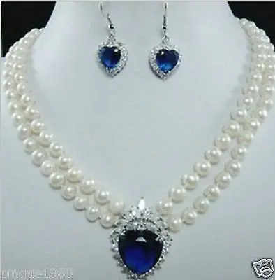 

Wholesale free shipping >>white freshwater pearl necklace blue Heart Crystal earring