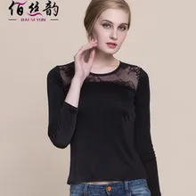 Шелковая футболка с кружевным воротником, топ с длинными рукавами из шелковистого шелка