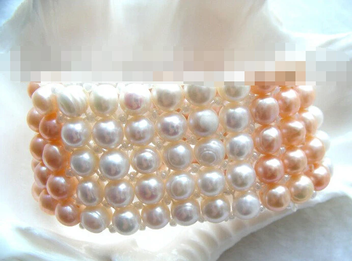 

1086 5ROWS white pink NATURAL freshwater pearls bracelet
