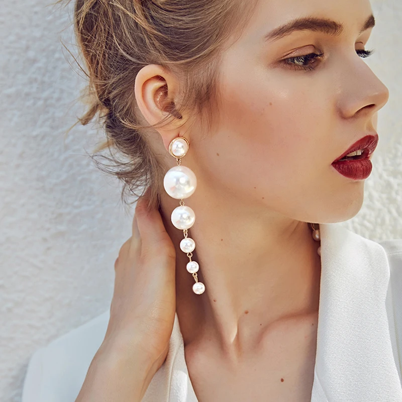 HOCOLE New Big Simulated Pearl Long Bride Earrings Wedding Drop Earrings Elegant Pearls String For Women Jewelry Party Gift