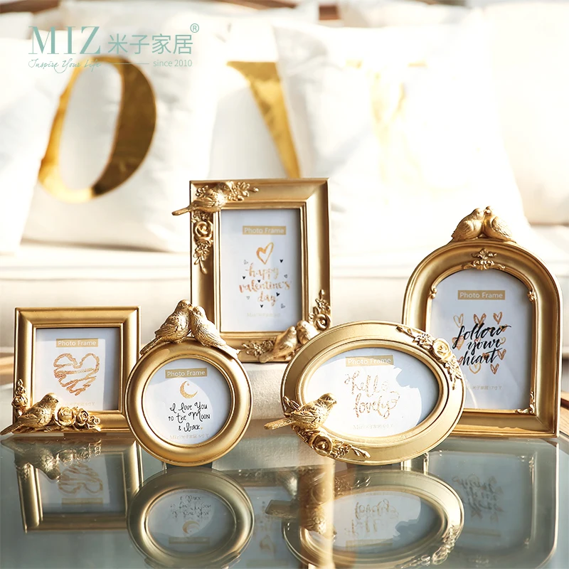 

Miz 1 Piece Gold Photo Frame Round Oval Square Shape Picture Frame Elegant Bird Decor Royal Style Home Decoration