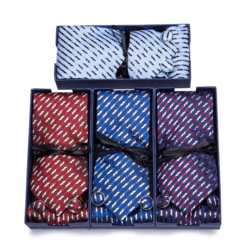 

40Colors Men Striped Tie Set With Gift Box Jacquard Woven gravata Silk Tie Hanky Cufflinks Necktie Sets For Wedding Party Men