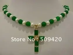Бесплатная доставка> белый жемчуг и зеленый камень крест ожерелье