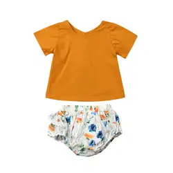 2019 комплект одежды для маленьких девочек, летняя одежда для новорожденных, однотонный топ + штанишки для малышей с цветочным рисунком