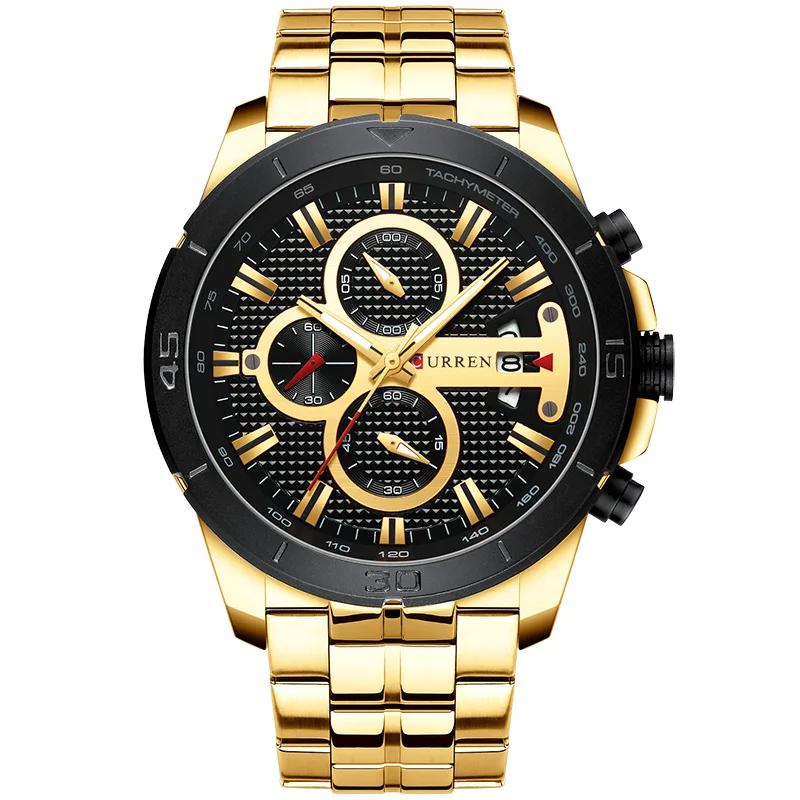 Curren Мужские часы модные спортивные часы нержавеющая сталь водостойкие кварцевые наручные часы хронограф для мужчин Relogio Masculino - Цвет: Gold Black