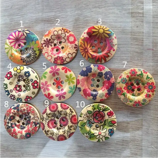 

100pcs 3cm Painting Big Coat Wooden Buttons 10 styles 4 holes Clothing buttons Cloth art Scrapbooking DIY Craft Supplies XP223