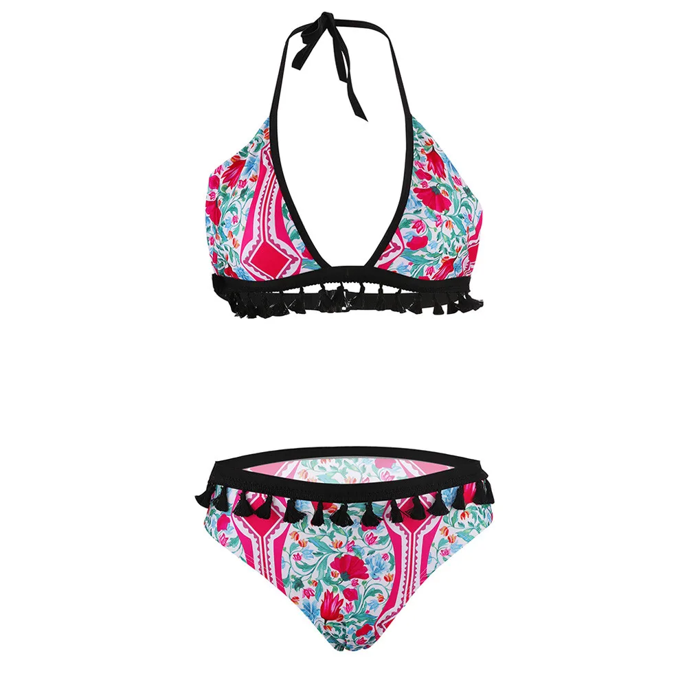 Sexy Women Print Tassel Bikini Set Push-Up Paded Bra Swimsuit Swimwear Swimming Costume Bathing Beachwear Biquini mujer DZ501