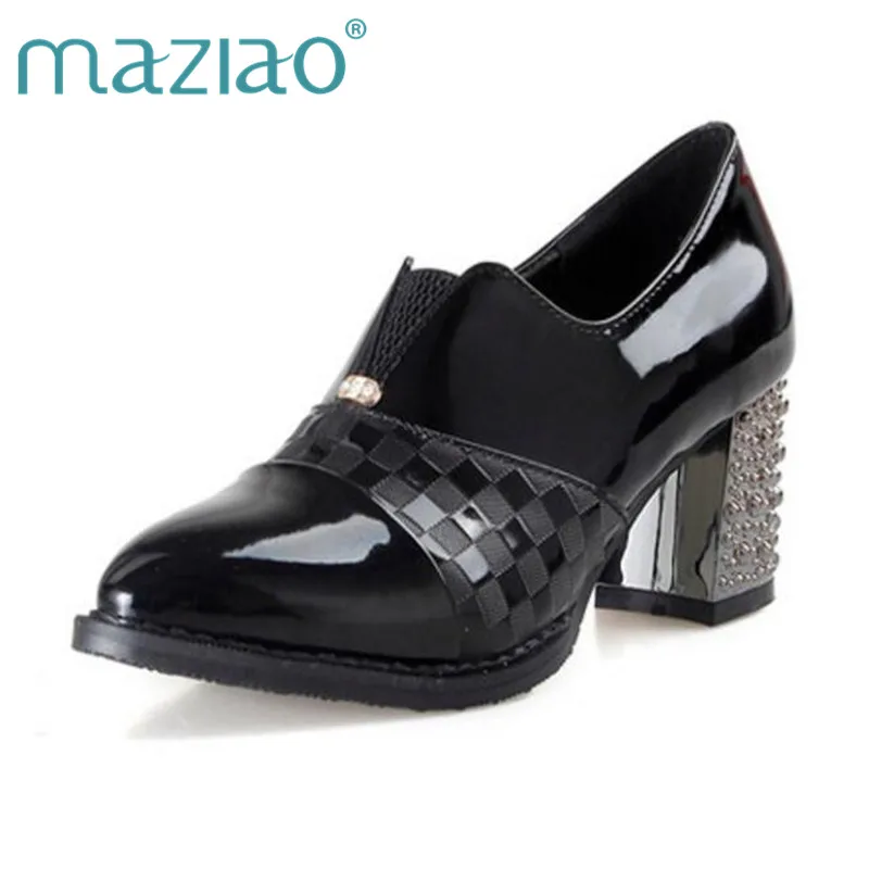 

MAZIAO Shoes woman Pointed toe Metal Glitter Mid heel Pumps Fashion shoes Plus size 31-48 Spring Autumn Causal Slip-on
