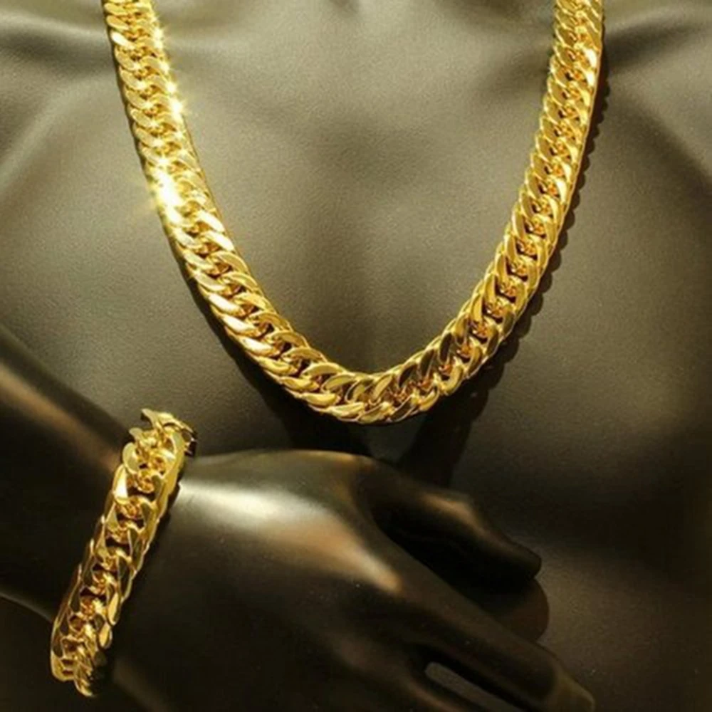 Набор из мужской цепи и браслета с желтым золотом|yellow gold|yellow gold filledman chain set |