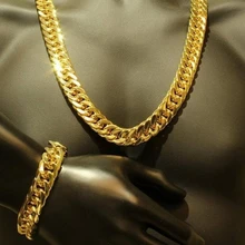 Mens Thick Tight Link  Yellow Gold Filled Finish Miami Cuban Chain and Bracelet Set