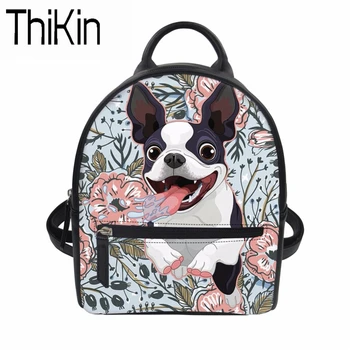 

THIKIN Women Backpack Teenage Girls PU Leather Mini Backpack Bulldog Yorkshire Printing School Mochila Student Bagpack for Lady
