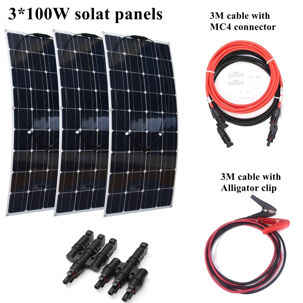 

3*100W Mono Flexible Solar Panel Module with 3 in 1 Quick Connectors and Extended Cables Houseuse 300W Solar System