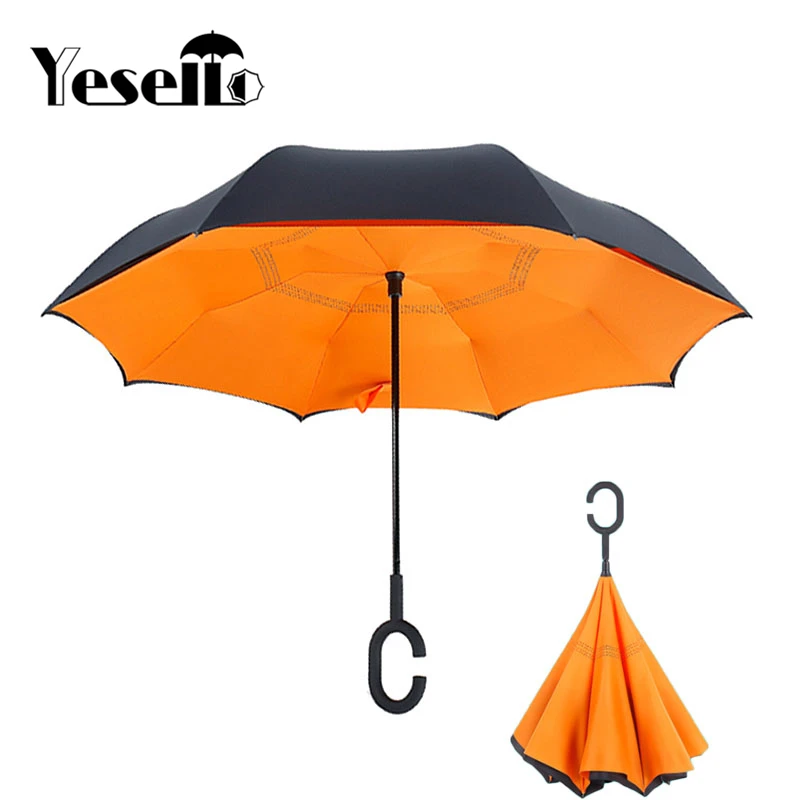 

Yesello Orange Women C Handle Inverted Umbrella Folding Reverse Umbrella Double Layer Inverted Windproof Rain Gentleman Umbrella