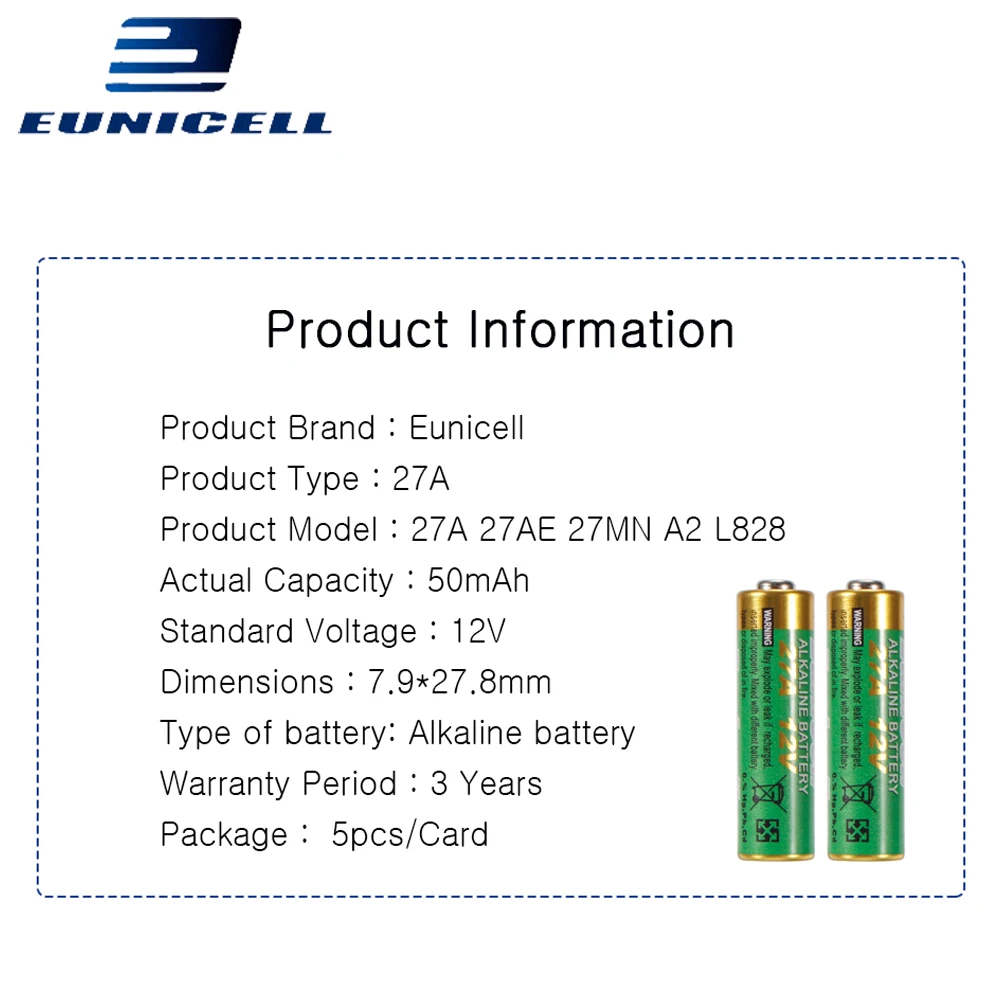 10PCS=2 Cards 12V 27A Alkaline Battery 27 A 27AE 27MN A2 L828 Small Dry Battery for Toys, Doorbell, Car alarm, Remote Control