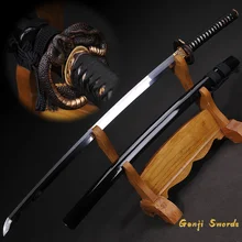 Handmade Full Tang Japanese Katana Manual Grinding Damascus Folded Steel Real Samurai Sword Sharp Edge Snake Tsuba