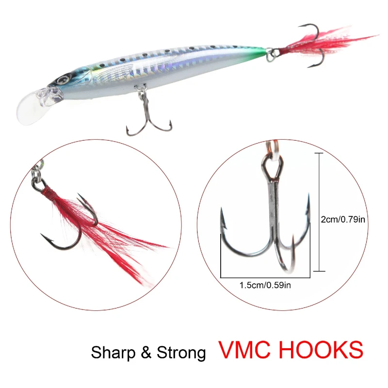 Rnuature Fishing Minnow Lure Artificial Hard Lure 100mm/12.8g Crankbait Minnow Lure Fishing Wobbler Lure with VMC Hooks