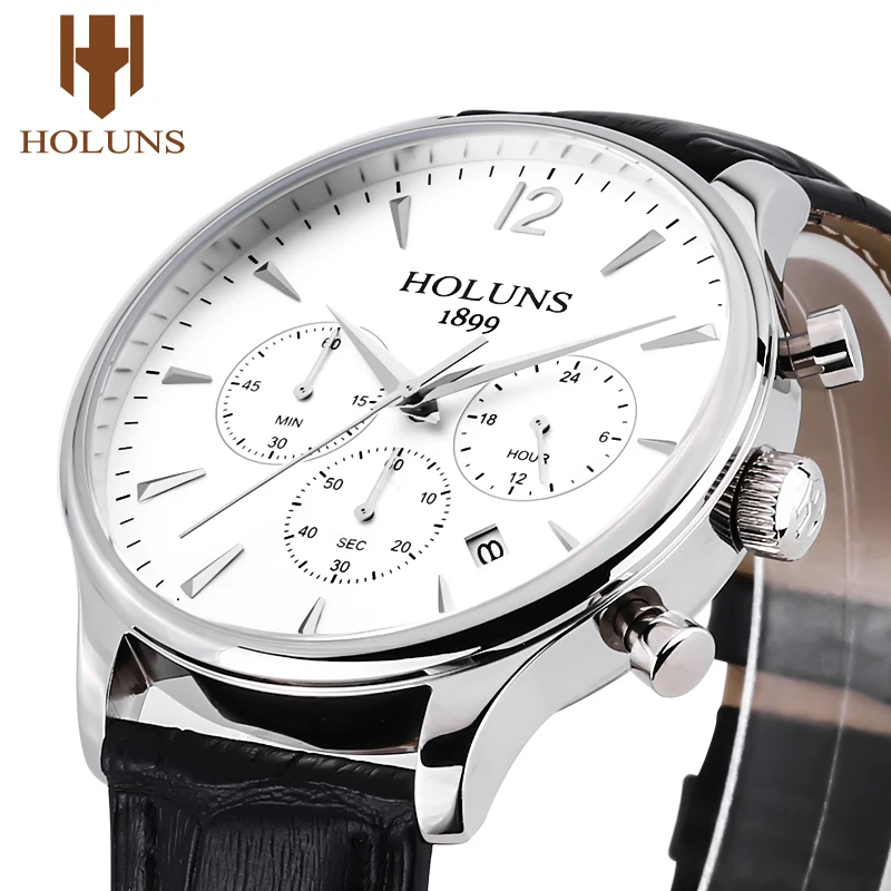 Holuns мужские часы с хронографом, модные брендовые Роскошные повседневные аналоговые деловые часы, кожаные водонепроницаемые кварцевые часы для мужчин