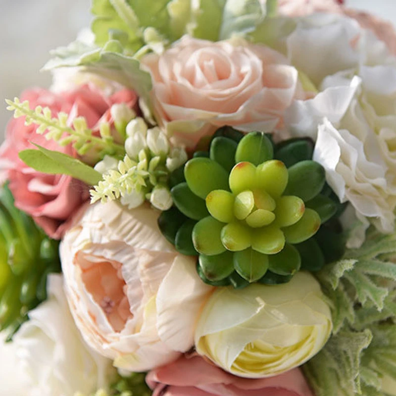 Высокая-конец Пользовательские невесты рука ярких цветов Свадебный букет невесты наручные светло-розовый DIY Декор S6