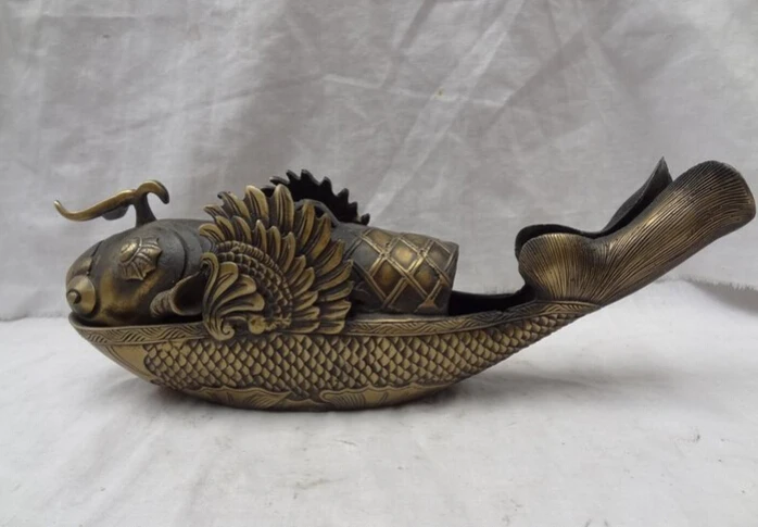 

song voge gem S3014 11" Folk Chinese Bronze Carved Fly Fish Head Statue Boat Incense Burner Censer