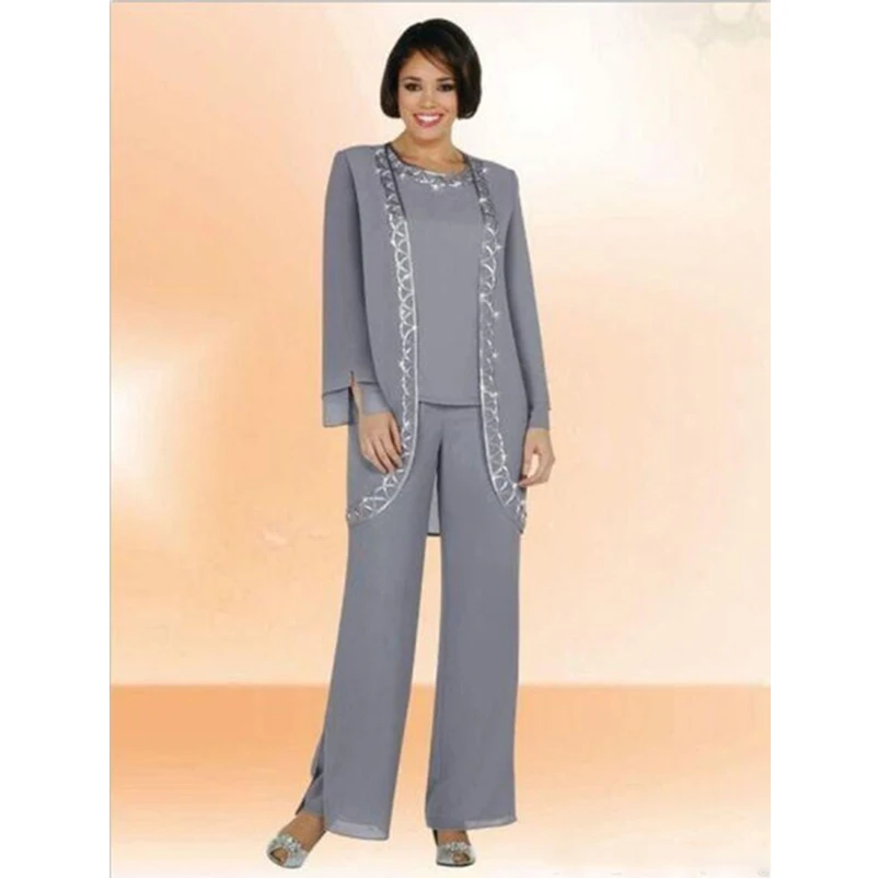

Custom Made Mother of the Bride or Groom Dresses With Jacket Pants Suits Three Pieces Silver Chiffon Wedding Guest Wear 2019