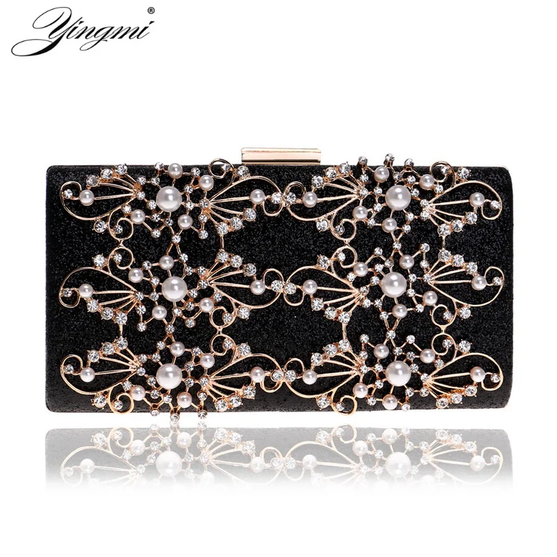 

YINGMI Hollow Fashion Women Evening Bags Beaded Diamonds Lady Clutch Purse Chain Shoulder Pearl Rhinestones Female Wedding Bag