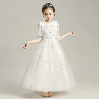 

Luxury Children Girls White Color Wedding Birthday Party Princess Lace Dress Kids Baby Piano Host Costume Pageant Flowers Dress