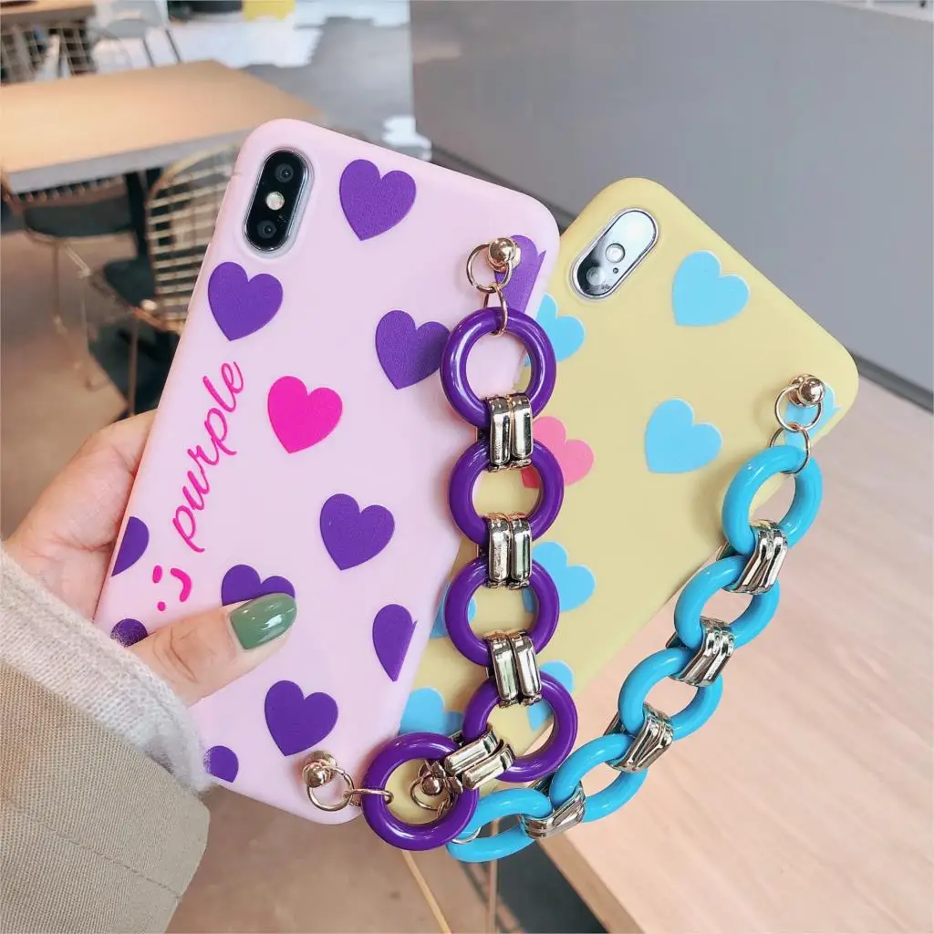 

For iPhone XS Max Simple Art Lovely Pink Heart Soft Case For iPhone X XR 6 6S 7 8plus Funda Coque Fruits Cover + Bracelet strap