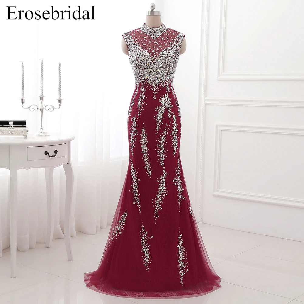 Erosebridal вечернее платье с высоким воротом, длинное роскошное длинное вечернее женское платье с бисером, вечерние платья на молнии сзади с маленьким шлейфом