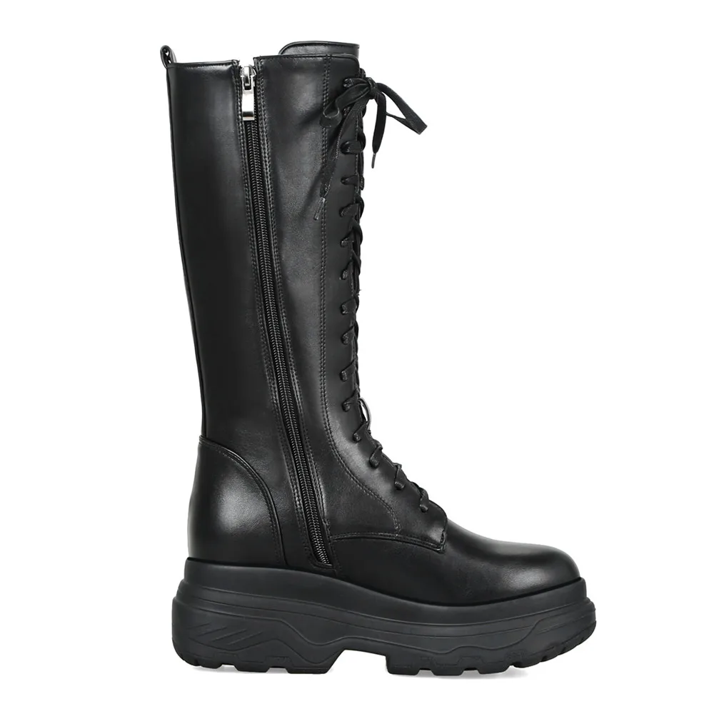 Bottes Dentelle Dentelle forme Femmes Plate Plus Chaussures Black Hauteur Jusqu'à Taille Moto Martin Genou La Hiver Gothique Du Nouvelle up De Mode Femme Star wpqnCvI