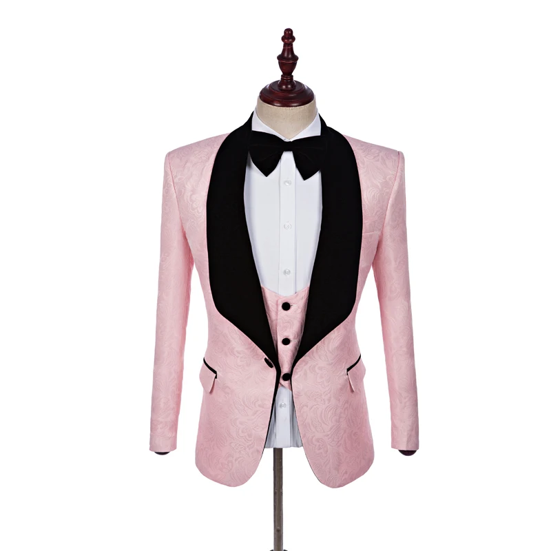 

Groomsmen Black Shawl Lapel Groom Tuxedos Hot Pink Men Suits Wedding Best Man Blazer(Jacket+Pants+Tie+Vest)