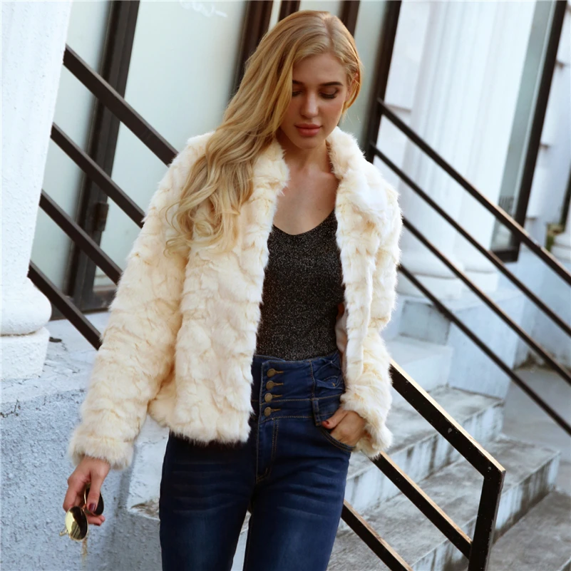 Femmes 2018 Solide Manteau Beige Col Survêtement De Furry Automne Court D'hiver Fourrure Turn Faux down Pardessus Casual Partie BwwPqxI