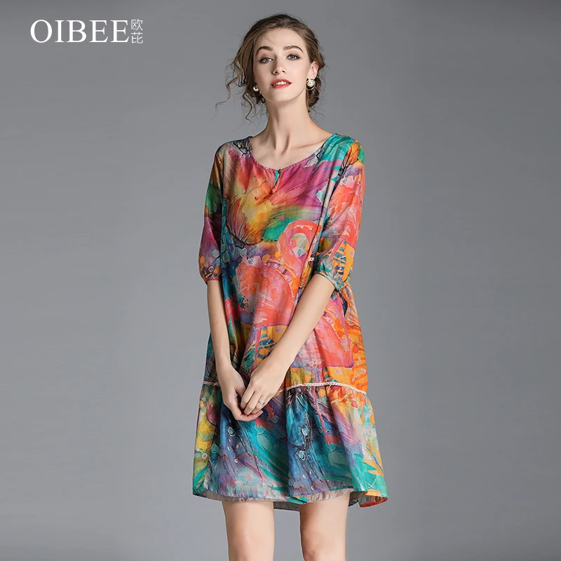 OIBEE2019 о-образный вырез Половина рукава размера плюс принт ТРАПЕЦИЕВИДНОЕ летнее большое свободное шелковое платье