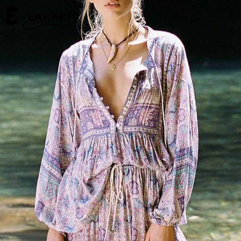 

Everkaki Boho Gypsy Print Blouse Women Tops Cotton Buttons Lantern Sleeve Neck Tied Lilac Bohemian Blouse Female 2019 Spring New