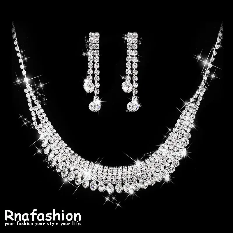 

RNAFASHION Women's Fashion Korean European Style Wedding Jewelry Earrings Geometric Crystal Necklace Set for Brides Gift Jewelry