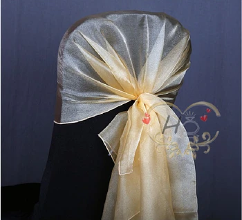 

100pcs/lot Wedding Decorations Organza Ribbon Hood Chair Cap Sashes In Gold Color Chair Hat