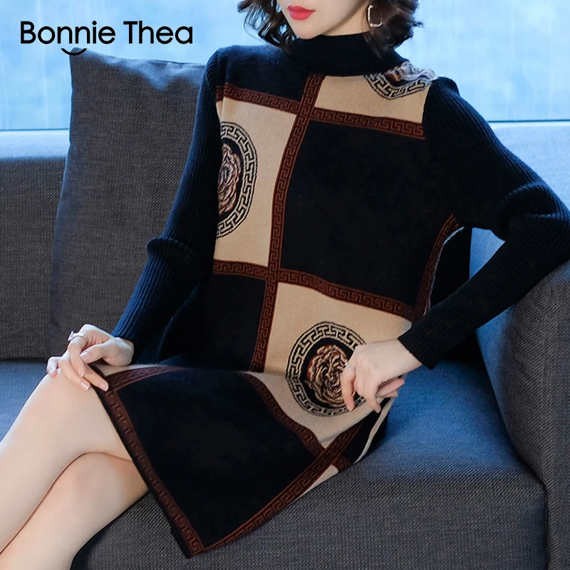 Женское вязаное платье свитер Bonnie Thea черные вечерние платья с высоким воротником