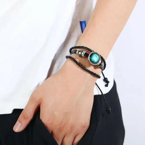 

2019 New Fashion Unisex 12 Constellation Friendship Leather Zodiac Beads Bracelet Knit Bangle Jewelry