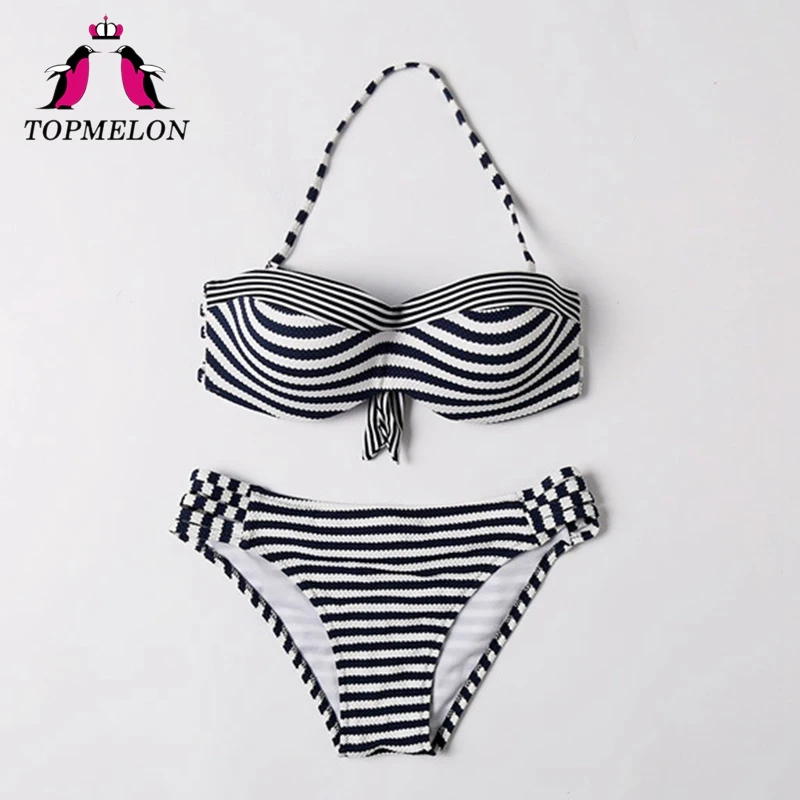 TopMelon Push Up бикини черный в полоску Для женщин купальный костюм на косточках Холтер