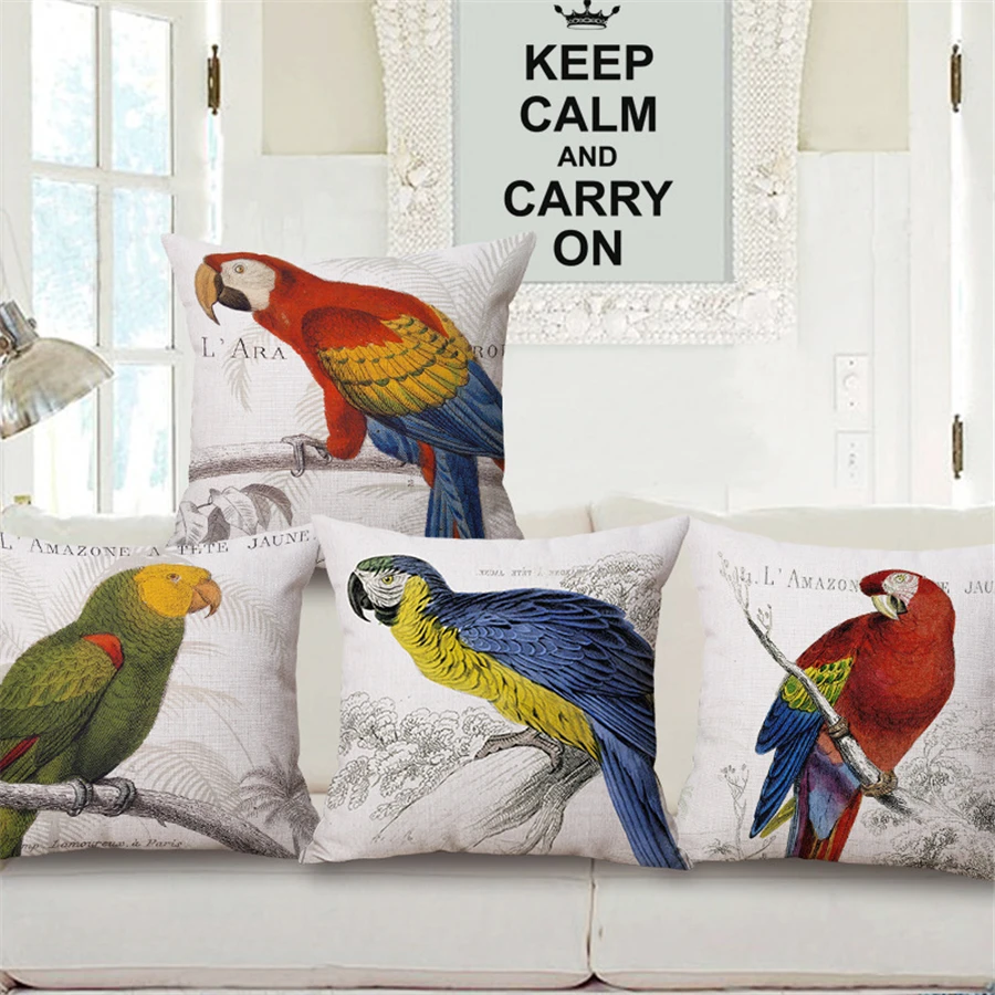 Best Fashion Retro Tropical Parrot Animal Office Chair Cushion Cover Vintage Home Decor Bed Sofa Throw Pillow Case Cotton Linen e1047