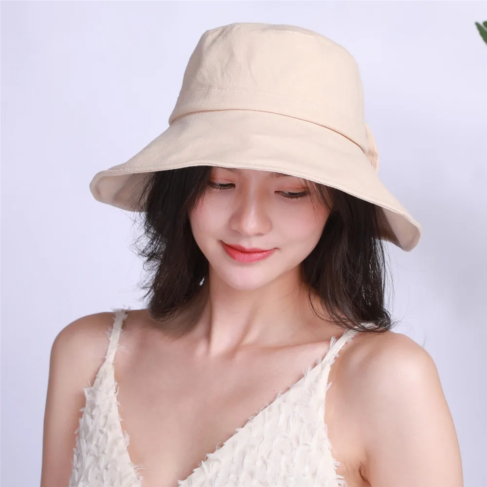 Бежевый Newly Women Bucket Hat Solid Color Bowknot Cotton Foldable Casual Cap for Summer m99 - Цвет: Бежевый