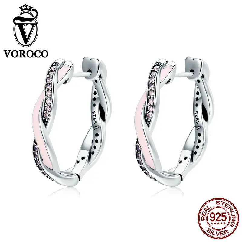 

VOROCO Genuine 925 Sterling Silver Hoop Earrings For Woman Glitter Cubic Zirconia Earring Wedding Party Birthday Jewelry BKE297